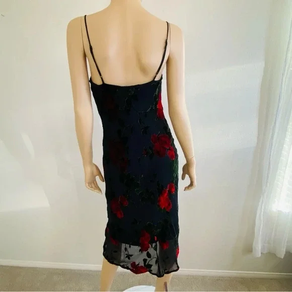 Vintage 90’s Betsey Johnson NY Dress Black Red Rose Mesh Velvet Burnout Sz L - Picture 6 of 13